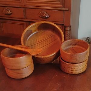Vintage Teak Wood Salad Bowl Set, 5 Piece, Extra Large Wooden Serving Bowl